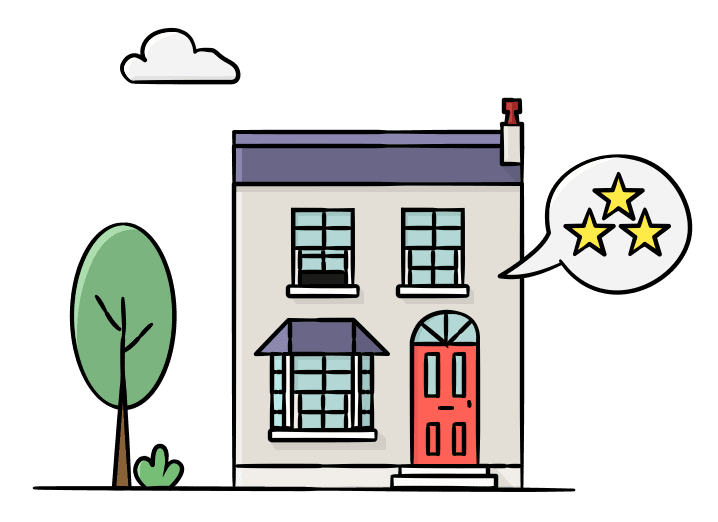 illustration of a house with a dialogue bubble showing a review